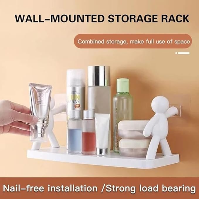 Multifunctional Self Adhesive Creative Character Shelves Bathroom Wall Mounted Shelf | Storage Rack for Bathroom, Kitchen &amp; Room - 1 Pc (White)