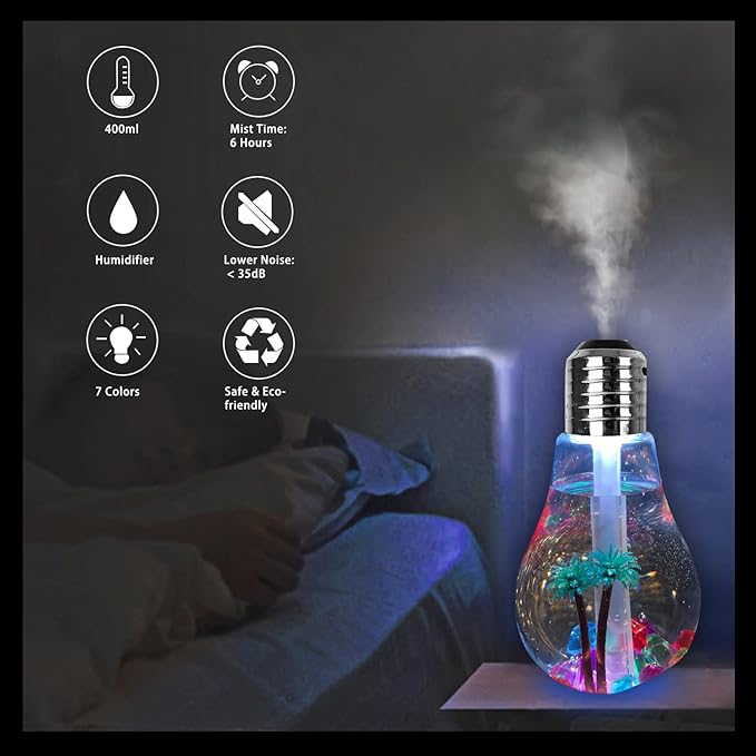 USB Air Humidifier | Bulb Humidifier Lamp Shape | Decorative Lights Diffuser, Purifier Atomizer With Colorful LED Night Light for Office Desk, Bedroom, Living Room, Home Decor