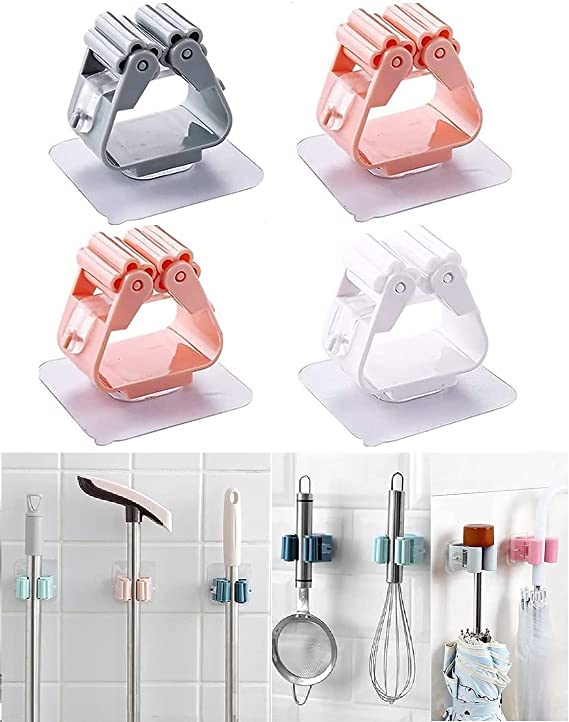 Pack of 3 Mop and Broom Self Adhesive Holder Wall Mount Magic Hanger Organizer Cleaning Tools Storage Mop Rack (Random Color)