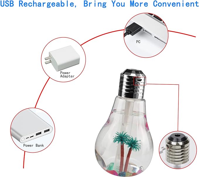 USB Air Humidifier | Bulb Humidifier Lamp Shape | Decorative Lights Diffuser, Purifier Atomizer With Colorful LED Night Light for Office Desk, Bedroom, Living Room, Home Decor