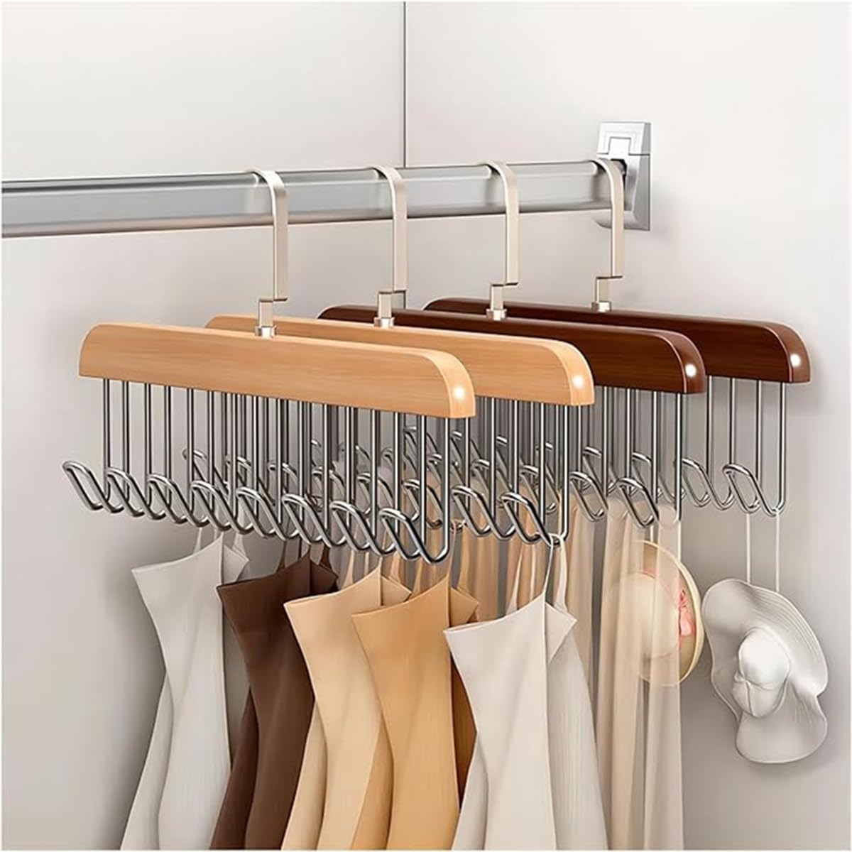 8 Hooks Wooden Clothes Hanger With Tie Rack Belt Hangers with 360?Rotating