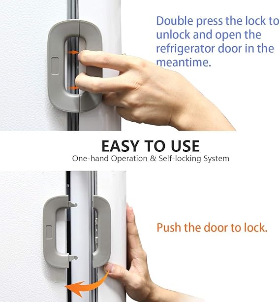 Child Safety Refrigerator Lock �Self-Adhesive Fridge &amp; Freezer Door Lock with Double Safety Button �Easy One-Hand Use