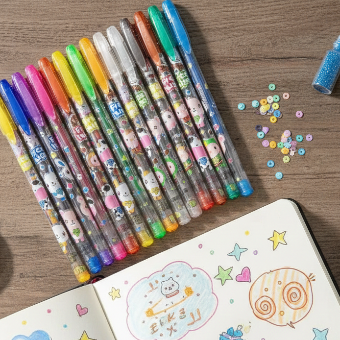 12 Colors Gel Pens Set �Glitter & Metallic 1.0mm Fine Tip | Kids Coloring, Sketching & Drawing Gift Set