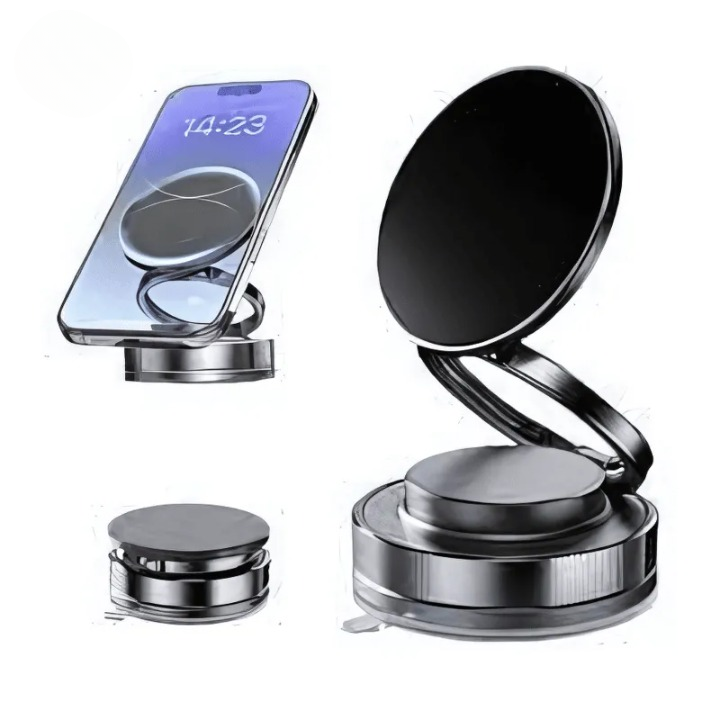 360? Folding Magnetic Phone Holder with Vacuum Suction | Strong Dashboard & Windshield Car Mount | Adjustable Mobile & Desk Stand