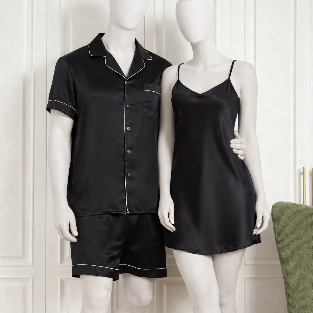Couple Silk Night Suit / Sleepwear Set �Shirt & Shorts with Slip Dress | SKU DC-C013 (3 Pcs) | Maroon