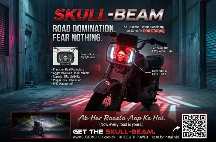 Premium Skull Headlamp for Honda CD70 & CG125 �Aggressive Red Skull DRL with Dual LED Projectors