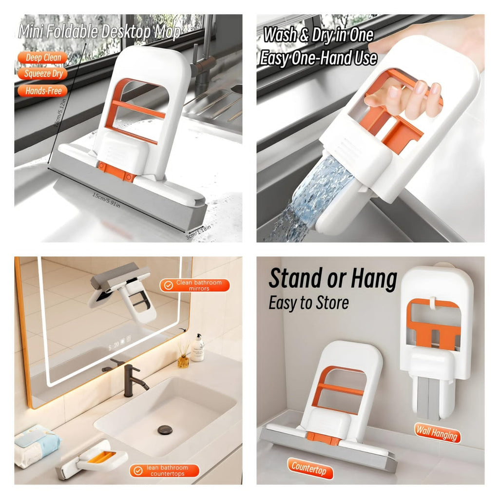 Foldable Mini Mop | Portable Desktop Wet & Dry Cleaning Mop | Self-Squeezing