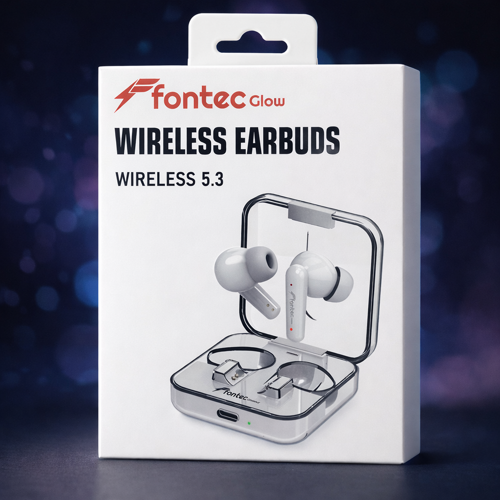 Fontec Glow Wireless Earbuds �Bluetooth 5.3 Gaming Earphones with ENC Noise Cancellation & Transparent Charging Case