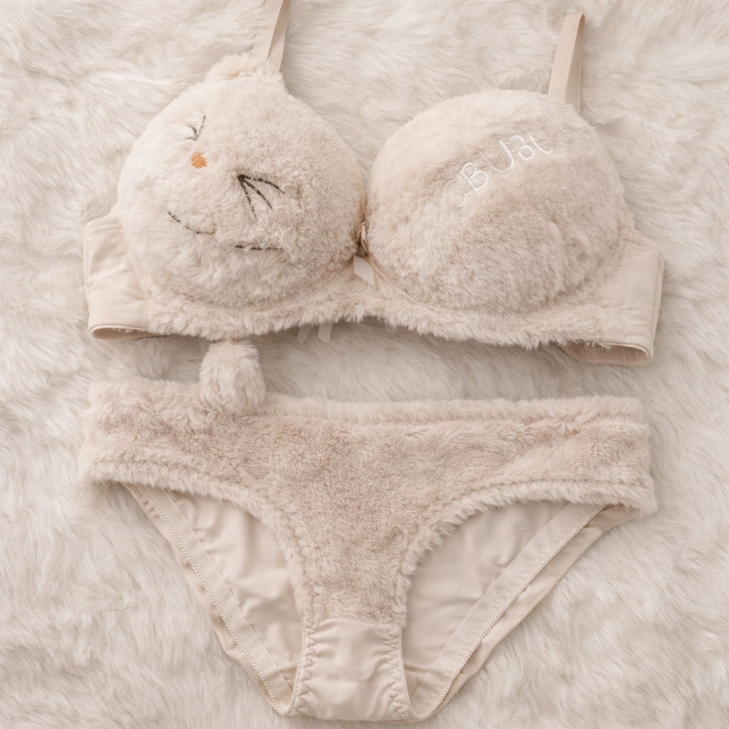 Cute Fur Style Double Padded Woolen Bikini Set �Soft Beige Plush Bra & Panty Lingerie Set - Size 38