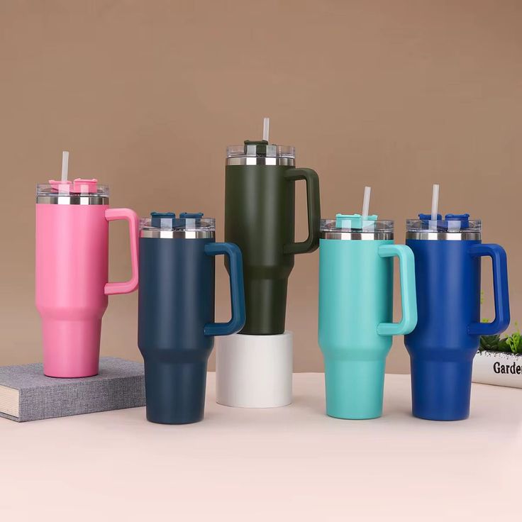 Insulated Stainless Steel Tumbler with Handle and Straw - 40oz (Random Color)