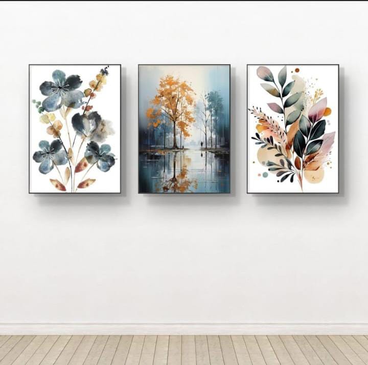 Nature-Inspired Wall Art Set �3 Wooden Frames (8x11� with Botanical & Landscape Designs | Easy Wall Mounting with Double Tape