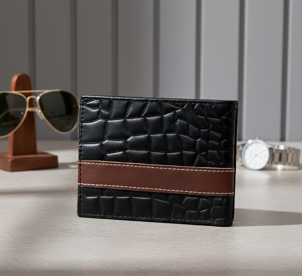 Men? Croc-Texture Cow Leather Wallet �Black with Maroon Strip | Stylish Bifold Slim Wallet