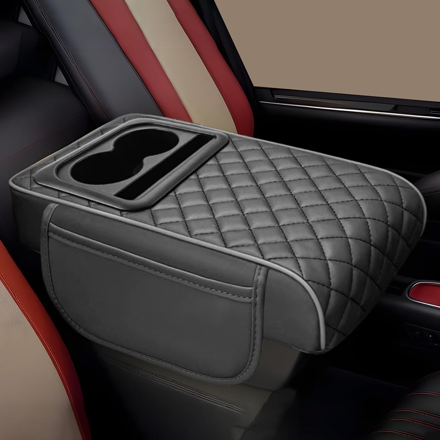 Car Armrest Cushion with Cup Holder & Storage Box �PU Leather Center Console Organizer Cover | Universal Fit