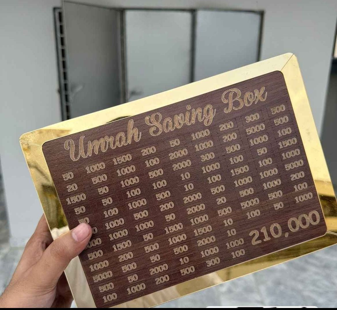 Wooden Umrah Saving Box �Premium 210,000 Goal Money Box For Umrah Fund, Elegant Islamic Design Charity And Donation Storage Box
