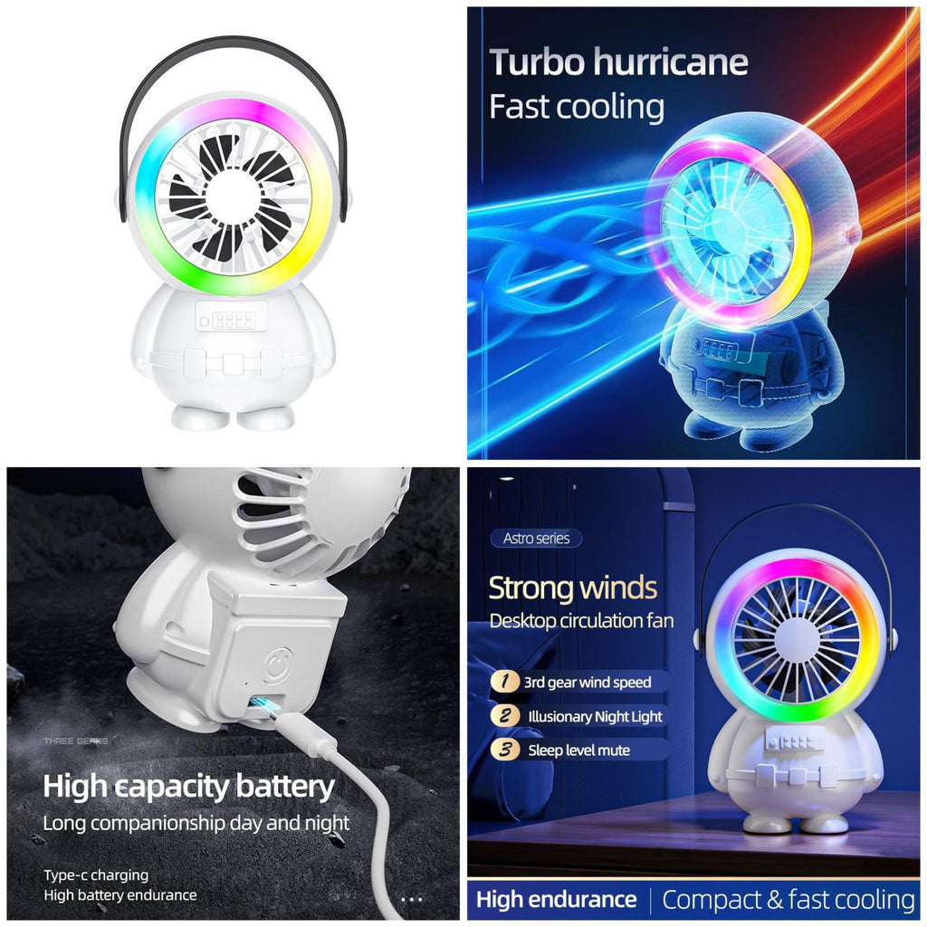 Astro Series Astronaut Mini Desktop Fan �Portable USB Rechargeable Fan with RGB Night Light