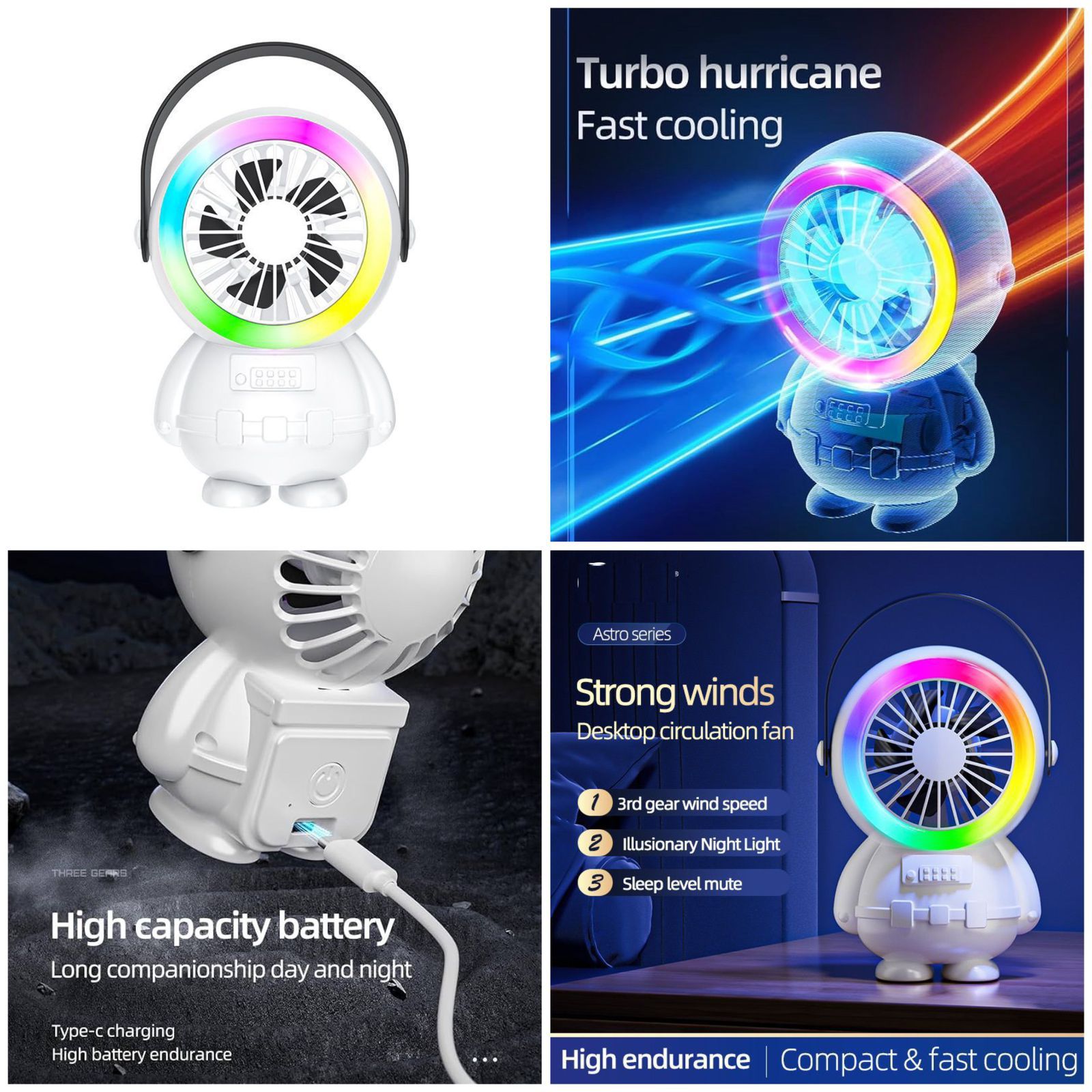 Astro Series Astronaut Mini Desktop Fan �Portable USB Rechargeable Fan with RGB Night Light