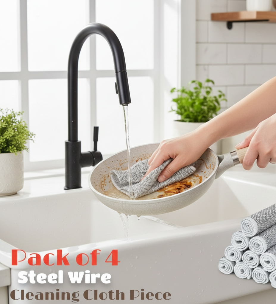 Pack of 4 Kitchen Steel Mesh Wire DishWasher Cleaning Cloth �Durable Dishwashing Scrubber Pads for Utensils, Pots, Pans & Daily Kitchen Cleaning