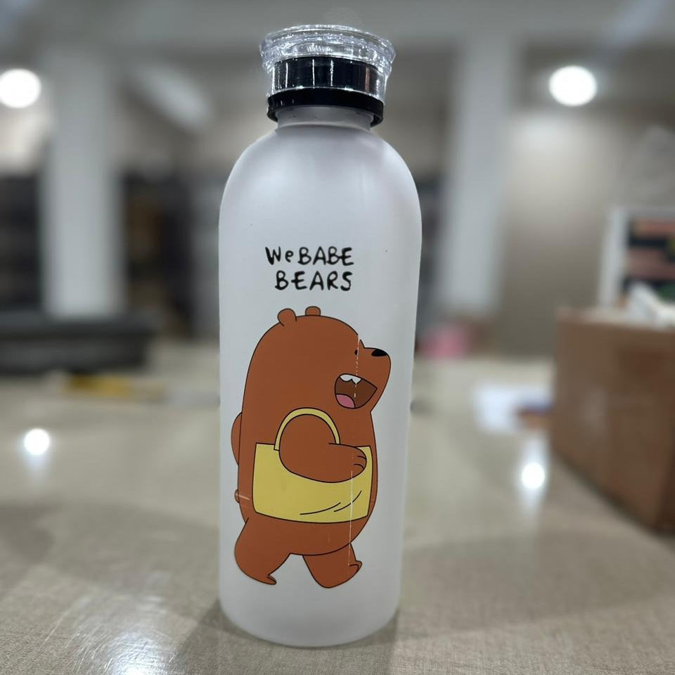 We Bare Bears Panda Water Bottle 1000ml �Cute Cartoon Design with Straw & Two Caps | Durable Reusable Bottle for Daily Hydration - Plastic (Random Design)