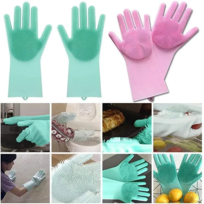Silicone Dishwashing & Cleaning Pair Gloves �Reusable Heat Resistant Scrubber Gloves for Kitchen, Bathroom & Household Cleaning | Random Color