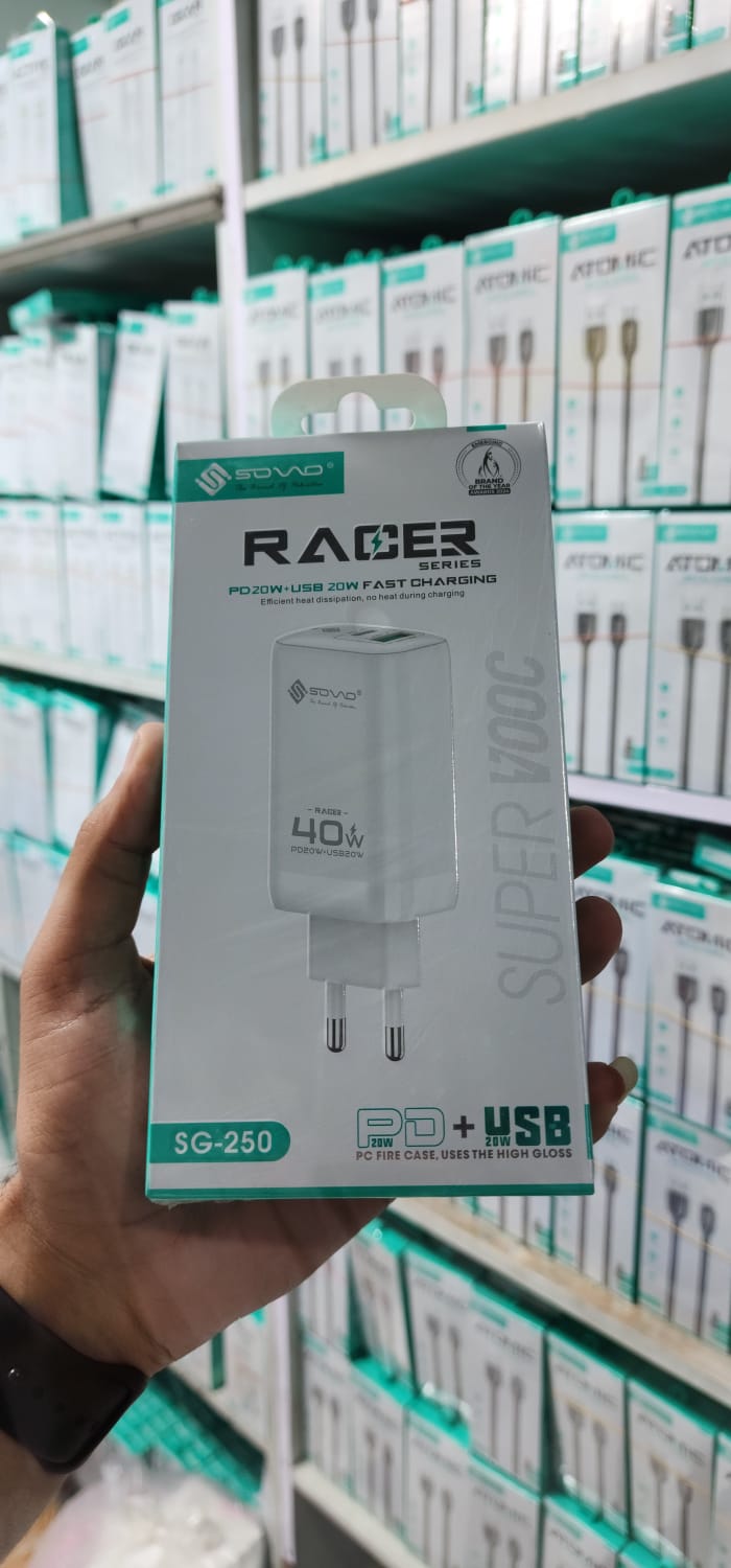 SOVO Racer Series SG-250 40W Dual Port Fast Charger | USB-A + USB-C PD Wall Adapter