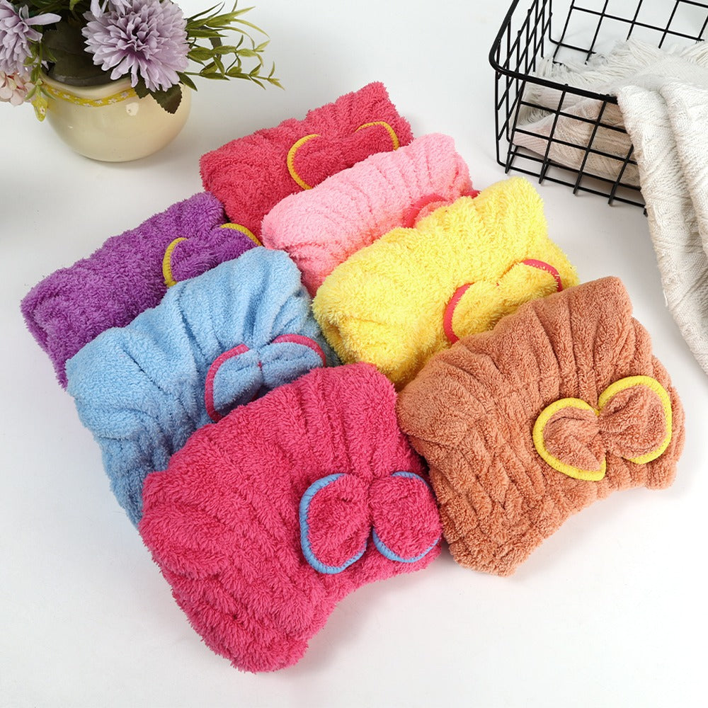 Soft Microfiber Flower Cap Towel for Women �Quick Dry Hair Wrap with Cute Bow Design, Super Absorbent Shower & Bath Turban for Smooth, Frizz-Free Hair (Random Color)