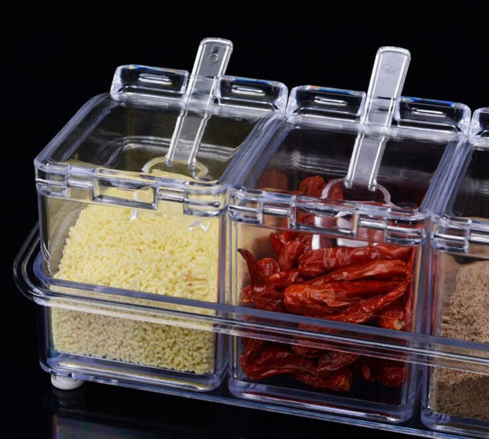 Crystal Seasoning Box With 4 Compartments And Spoons �Transparent Spice Storage Container Set For Kitchen Organization