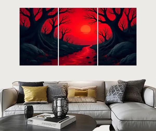 Set of 3 Surreal Red Landscape Wall Art Frames �8x11" MDF Wood with Adhesive Backing