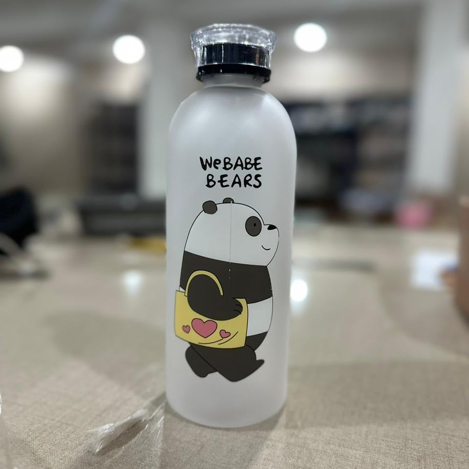 We Bare Bears Panda Water Bottle 1000ml �Cute Cartoon Design with Straw & Two Caps | Durable Reusable Bottle for Daily Hydration - Plastic (Random Design)