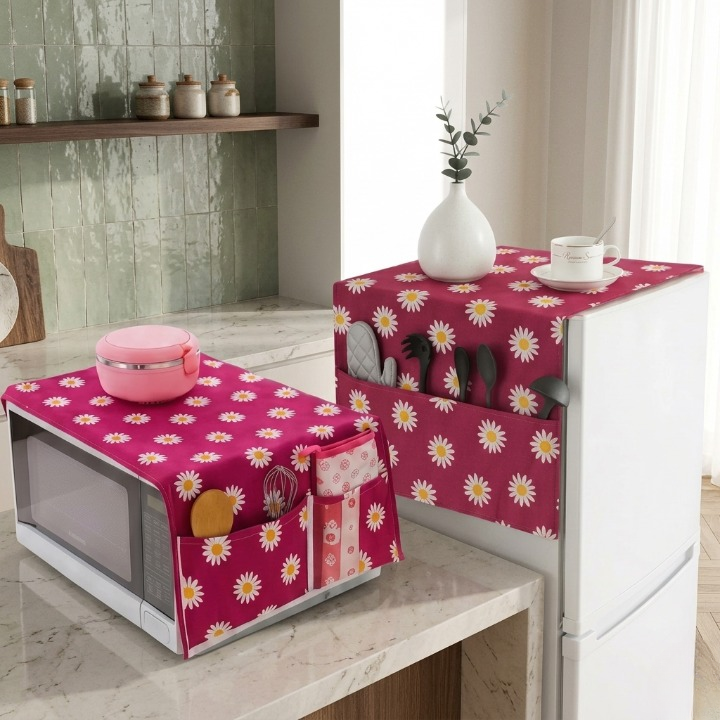 Microwave Oven & Refrigerator Top Cover Combo Pack �Dust-Proof Kitchen Appliance Protectors with Storage Pockets - Random color