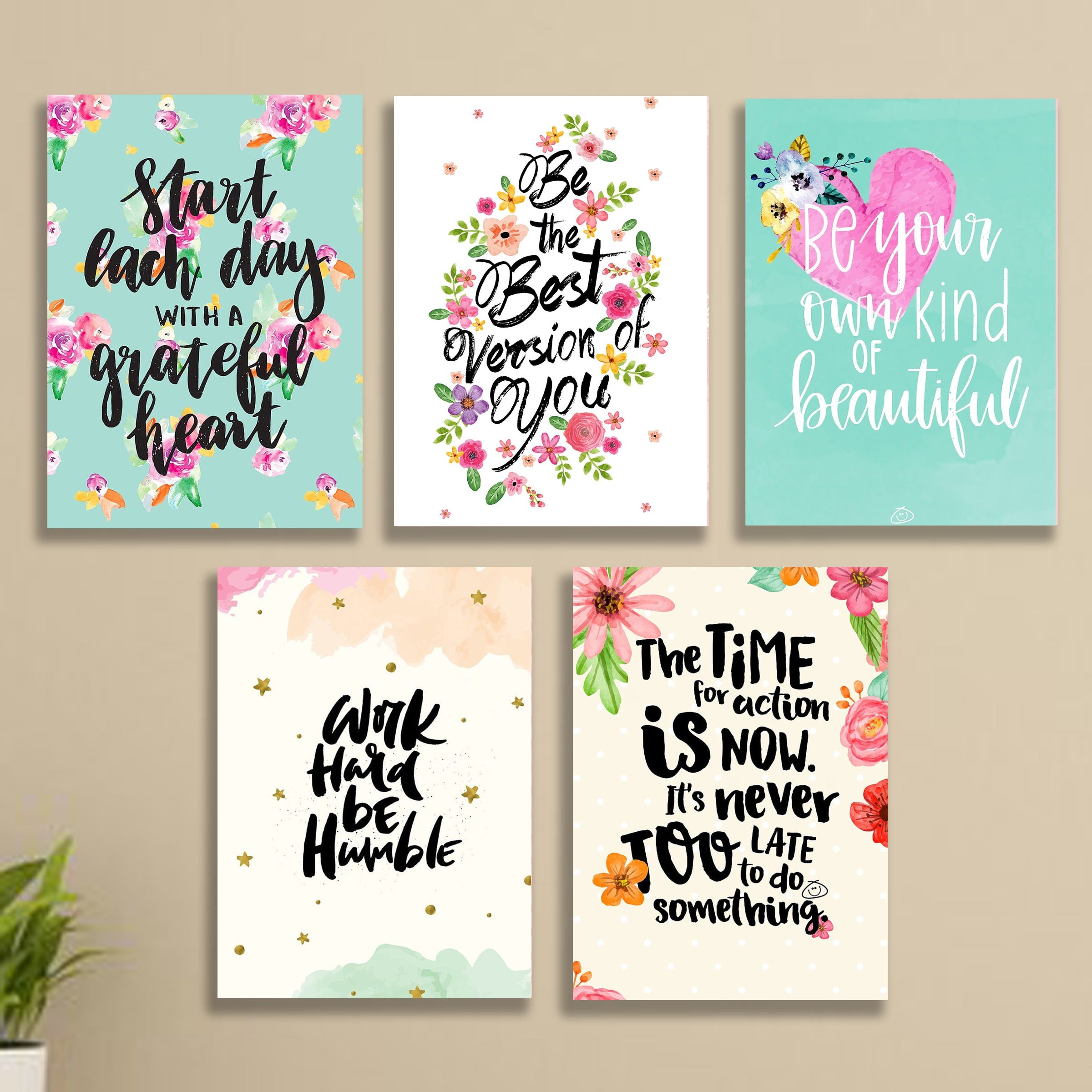 Set of 5 Floral Motivational Wall Art Frames �8x11" MDF with Sticky Backing