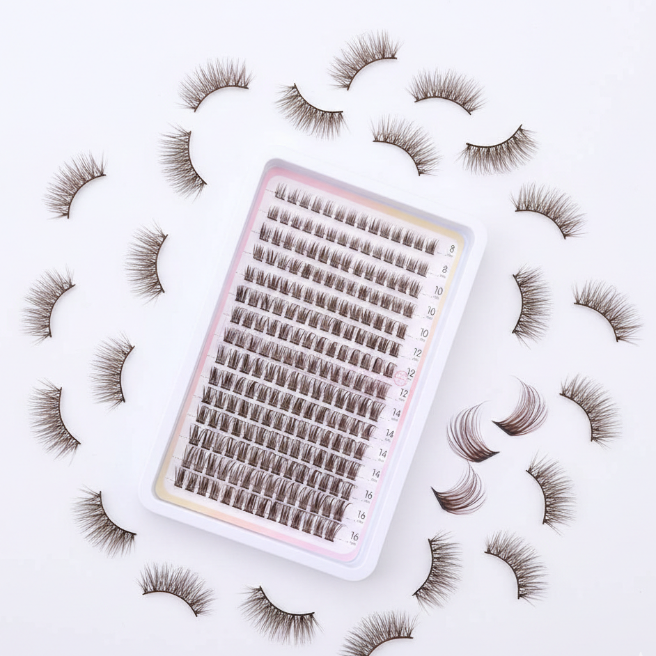 Pre-Glued Wispy Eyelash Clusters �DIY Eyelash Extension Box, Brown Fiber Lashes