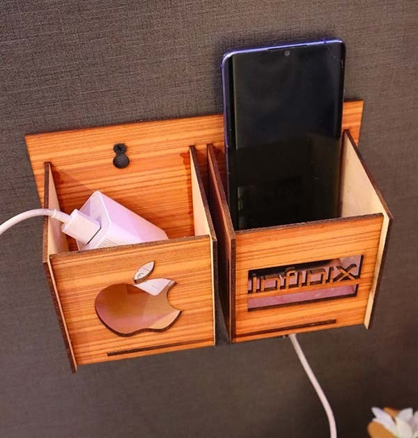 Wall Mounted Wooden Mobile Charging Holder �Phone & Charger Organizer for Home & Office