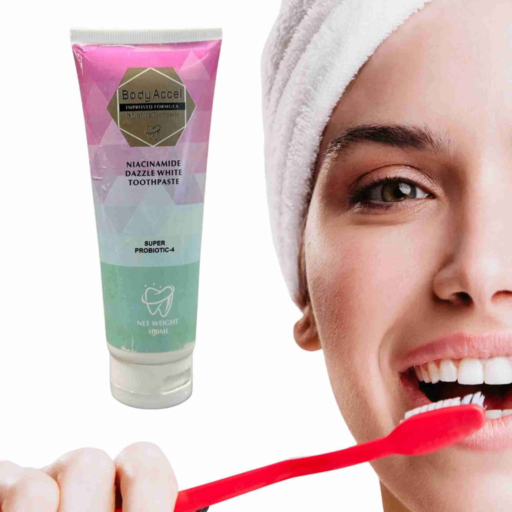 Body Accel Niacinamide Whitening Toothpaste 100ml �Advanced Stain Removal With Probiotics For Bright Smile & Fresh Breath
