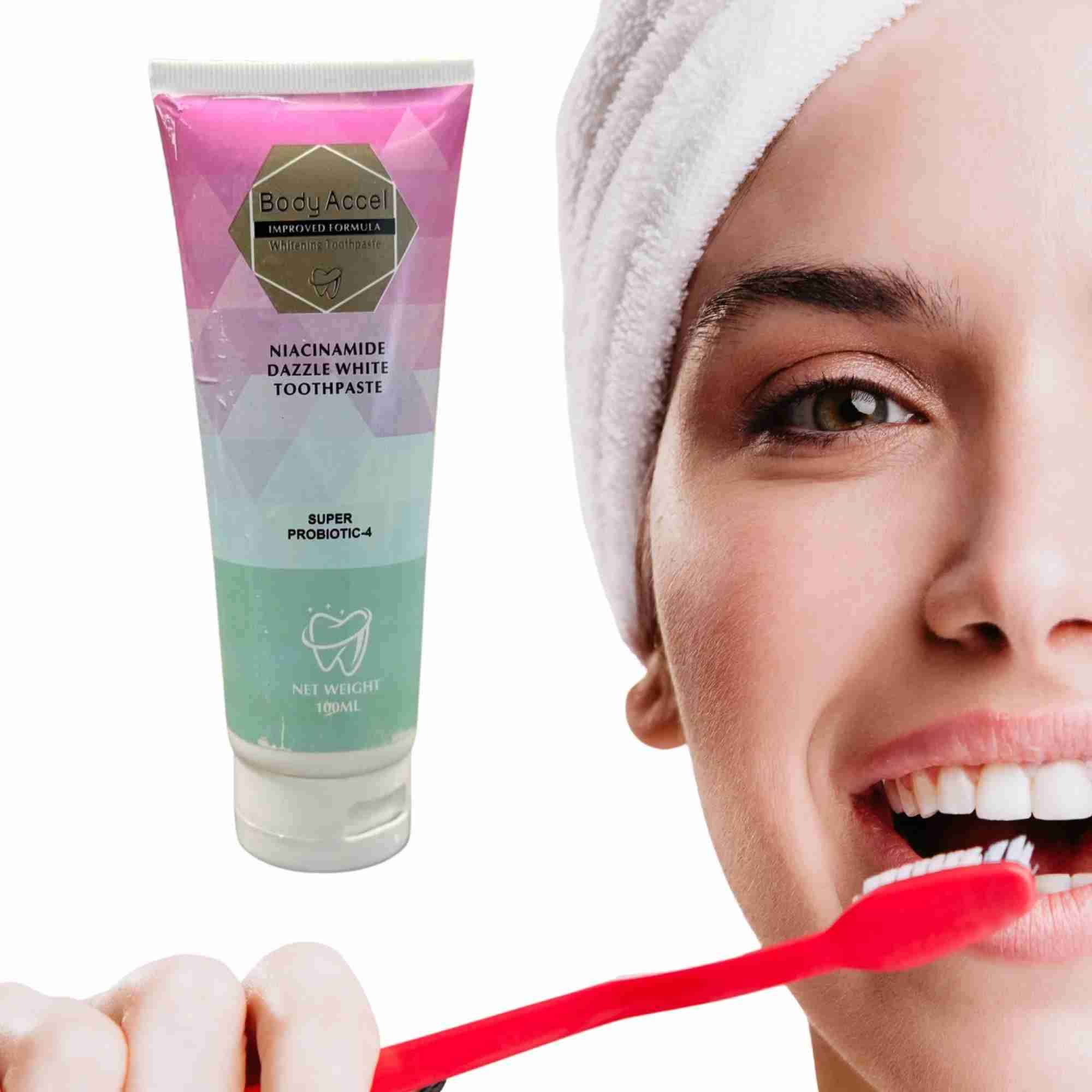 Body Accel Niacinamide Whitening Toothpaste 100ml �Advanced Stain Removal With Probiotics For Bright Smile & Fresh Breath