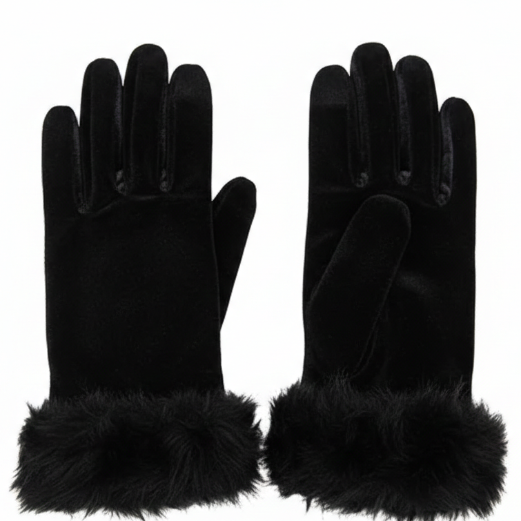 Women's & Girls Black Winter Velvet Gloves with Fur Cuff �Warm Soft Hand Gloves (1 Pair)