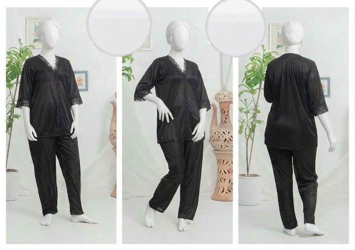 Women? Luxury Silk Satin Pajama Set with Elegant Lace Trim SKU  R-010  (Color Black Free Size)