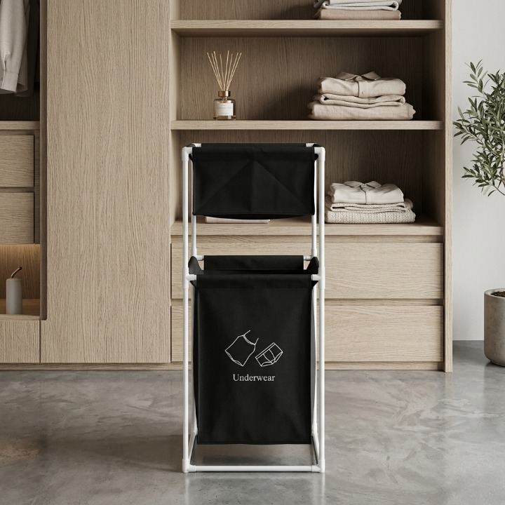 Fabric Laundry Hamper With Dual Compartments And White Metal Frame For Organized Clothing And Underwear Storage