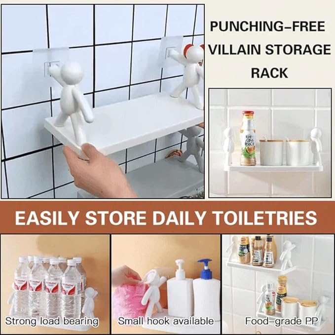 Multifunctional Self Adhesive Creative Character Shelves Bathroom Wall Mounted Shelf | Storage Rack for Bathroom, Kitchen &amp; Room - 1 Pc (White)