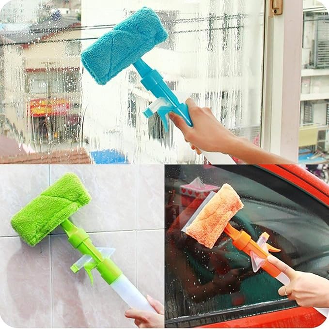 3 in 1 Fiber Wiper Sprayer  Wash, Wipe and Soak | Window Squeegee Kit, Cleaning Tool with Detachable Microfiber Cloth Rubber Scraper &amp; Sprayer, Portable Window Cleaner Combo for Car, (Random color)
