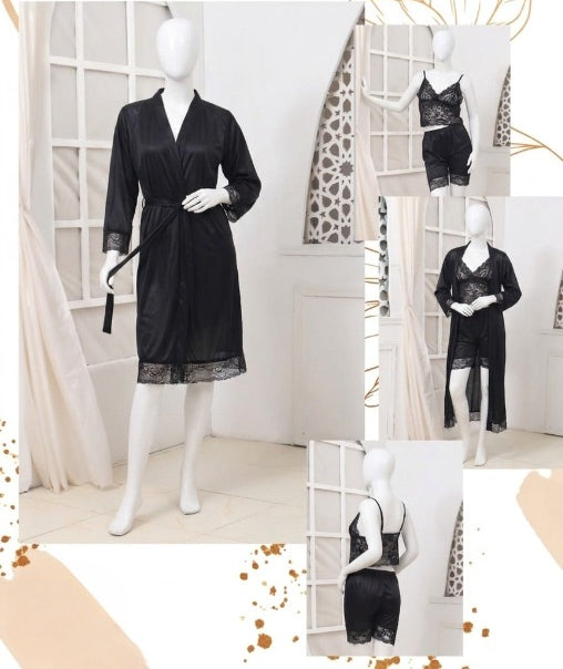 Women's Luxury Silk Nightwear Set with Black Lace �3 Piece Robe & Slip Dress SKU R-011 (Color Black Free Size)