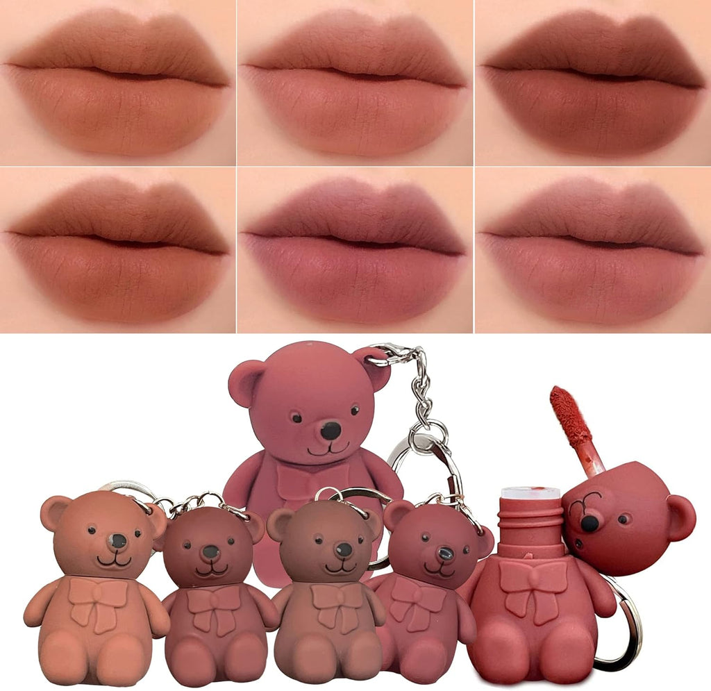 6-Piece Cute Bear Keychain Liquid Lipstick Set �Mist Matte Velvet Finish, Moisturizing Lip Stain, Waterproof &amp; Long-Lasting Lip Gloss (6 Colors)