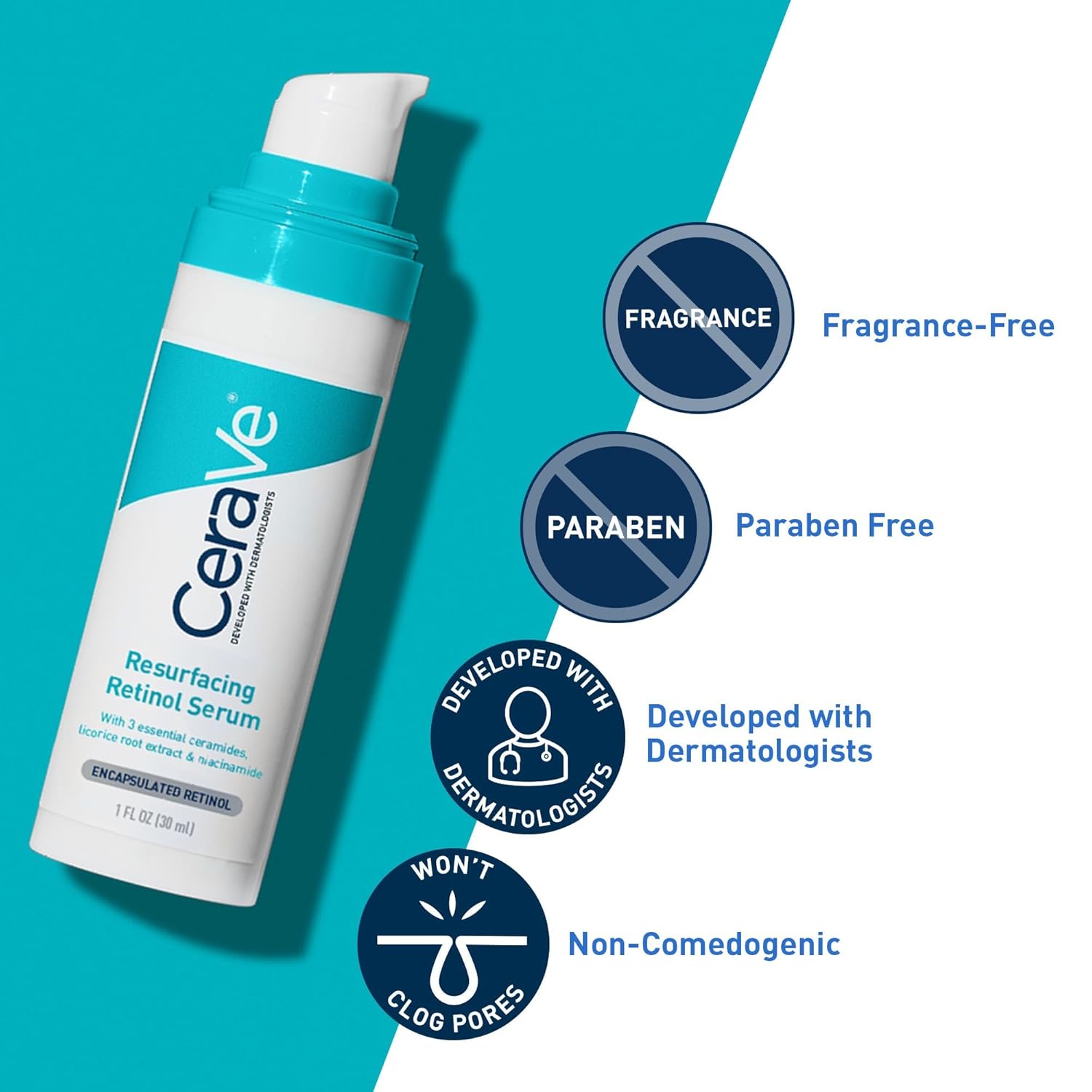 CeraVe Resurfacing Retinol Serum For Post Acne Marks, Formulated With Licorice Root Extract &amp; Niacinamide, Brightening Serum &amp; Pore Minimizer For Face, Post Acne Skin Barrier Repair, Non-Comedogenic - 30ml
