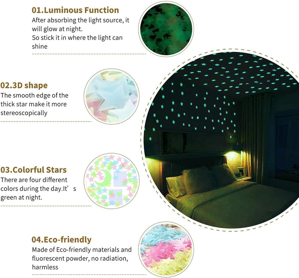 Pack of 100 �3D Glowing Stars for Ceiling and Wall Decoration �Luminous Night Sky Stickers for Kids�Rooms, Bedrooms, and Nurseries �Glow-in-the-Dark Wall Decals with Adhesive