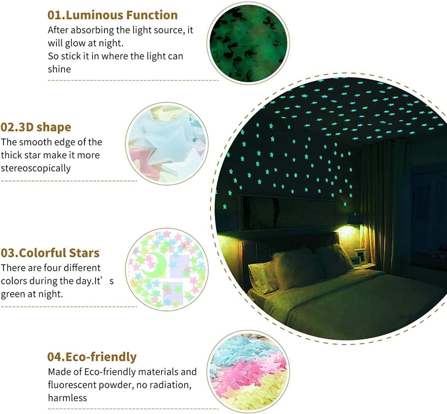 Pack of 100 �3D Glowing Stars for Ceiling and Wall Decoration �Luminous Night Sky Stickers for Kids�Rooms, Bedrooms, and Nurseries �Glow-in-the-Dark Wall Decals with Adhesive