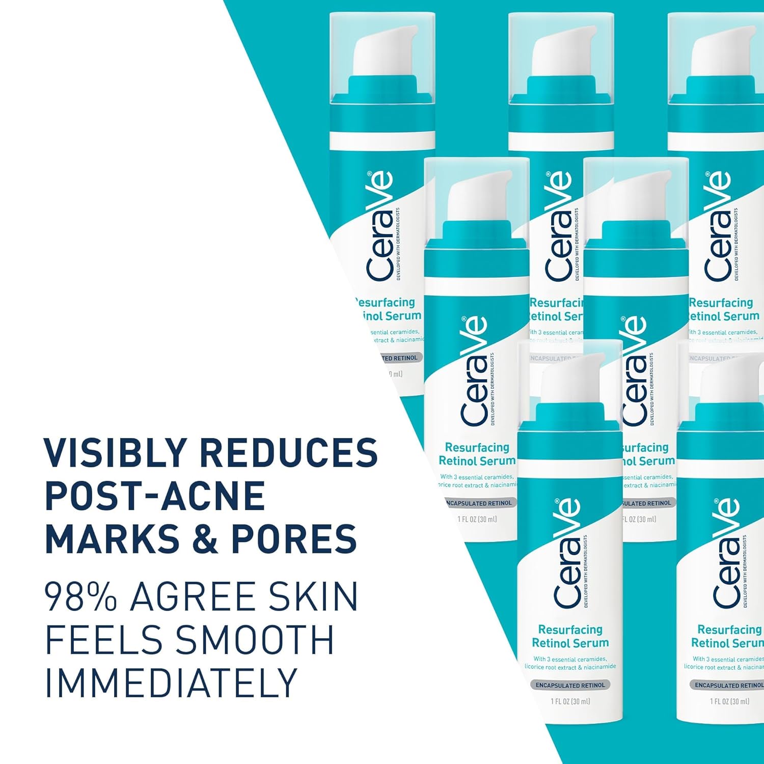 CeraVe Resurfacing Retinol Serum For Post Acne Marks, Formulated With Licorice Root Extract &amp; Niacinamide, Brightening Serum &amp; Pore Minimizer For Face, Post Acne Skin Barrier Repair, Non-Comedogenic - 30ml