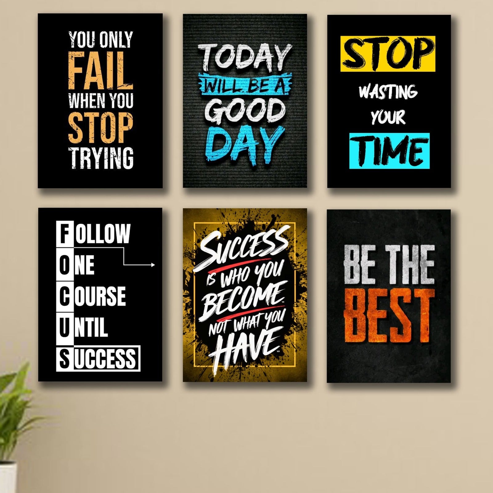 6 PC Success Motivational Quote Wall Decor Cardboard Phototiles Elegant And Inspiring Decorative Home And Office Art - 8*11