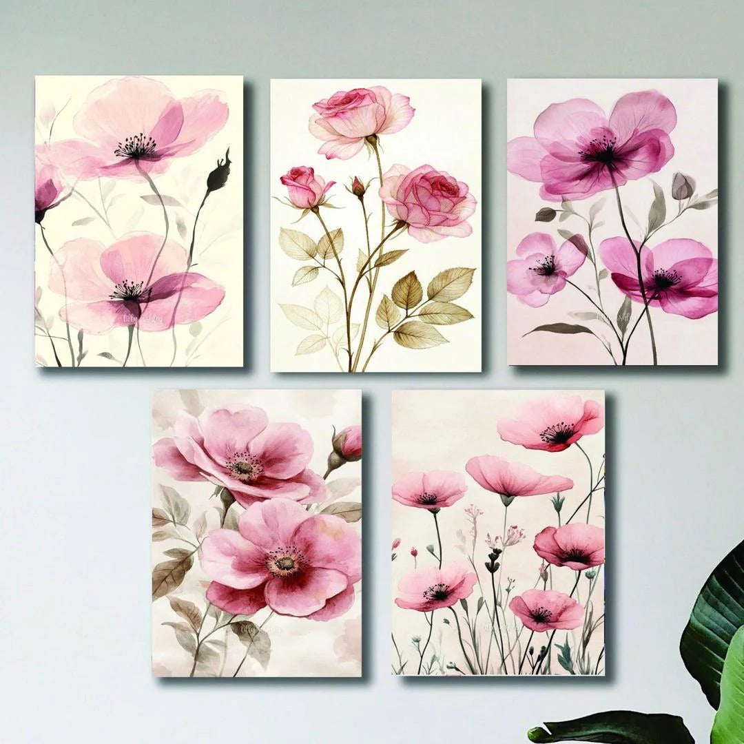 Set of 5 Floral Wooden Wall Frames �8x11 Inch Decorative Art Panels with Double Tape