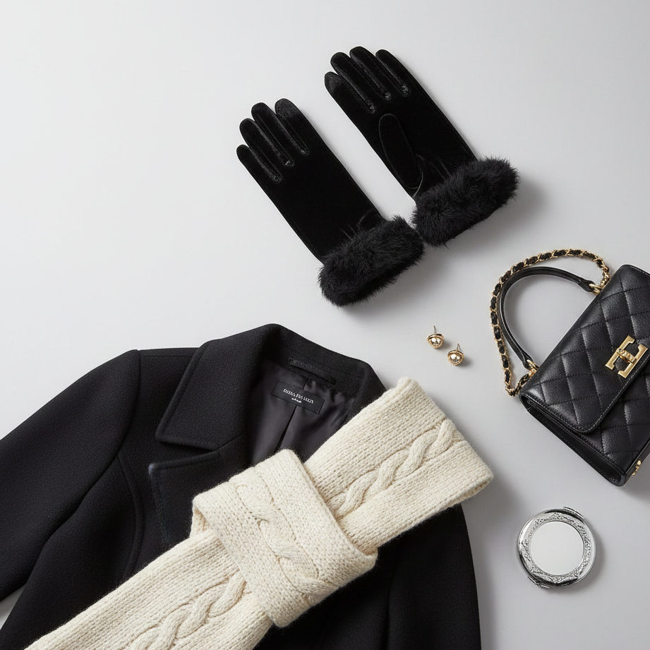 Women's & Girls Black Winter Velvet Gloves with Fur Cuff �Warm Soft Hand Gloves (1 Pair)