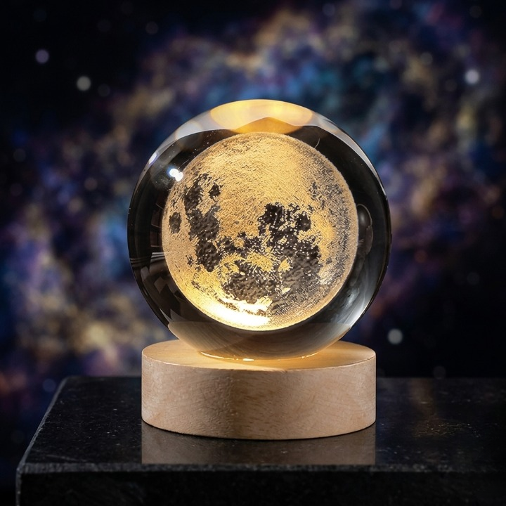 3D Galaxy Crystal Ball Lamp with Wooden LED Base �Decorative Night Light (Only Moon Shape)