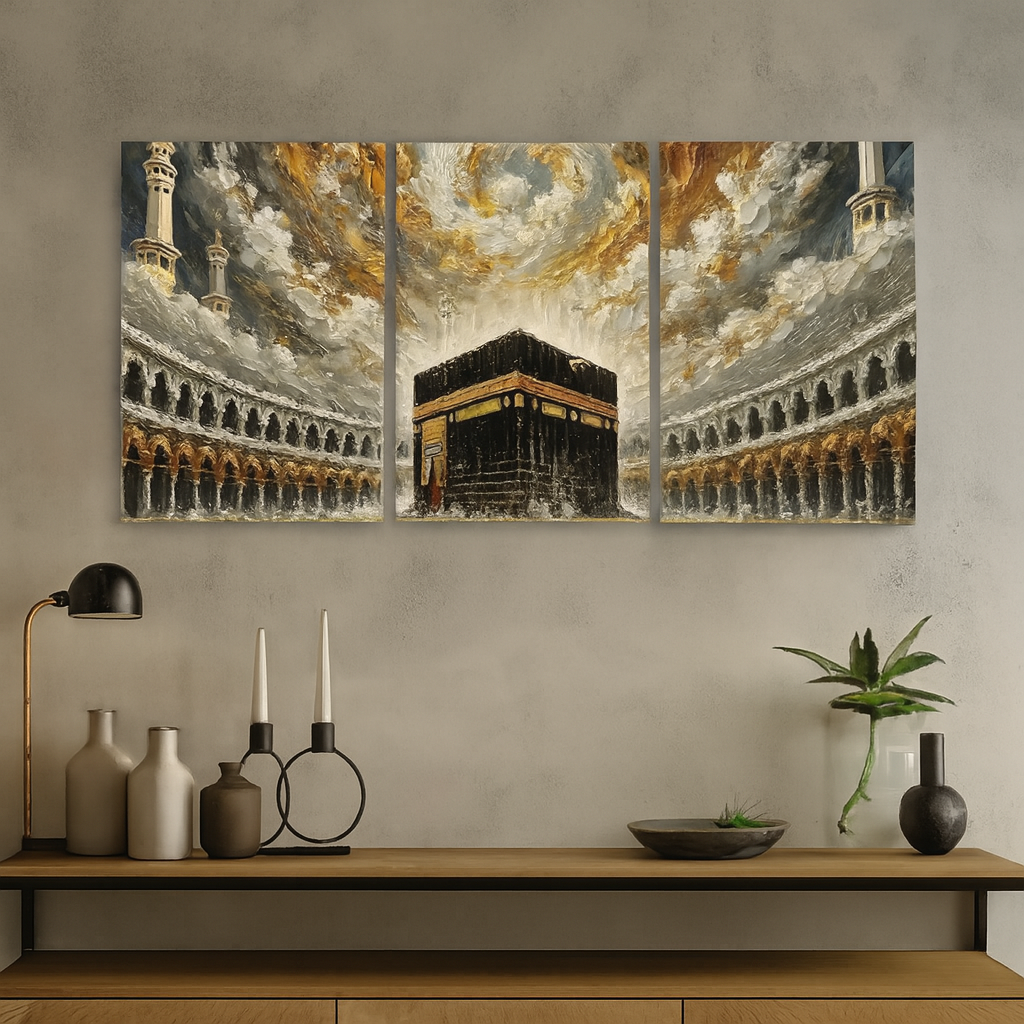 Khana Kaba Wooden Wall Art �3 Piece Islamic Frame Set Made With Wooden Stickytile, Each Frame 8x11 Inches, Easy To Install With Included Double Tape